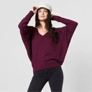 Free People Small Santa Clara Thermal Top Mulberry V-Neck Dolman Sleeve Raw Hem
